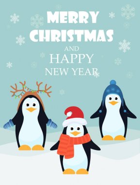Mutlu Noeller ve mutlu yeni yıl tebrik kartı ile sevimli penguenler vektör çizim.
