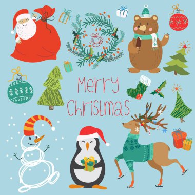 Vektör çizim set hayvanlar, Noel Baba ve Noel için farklı süslemeler.