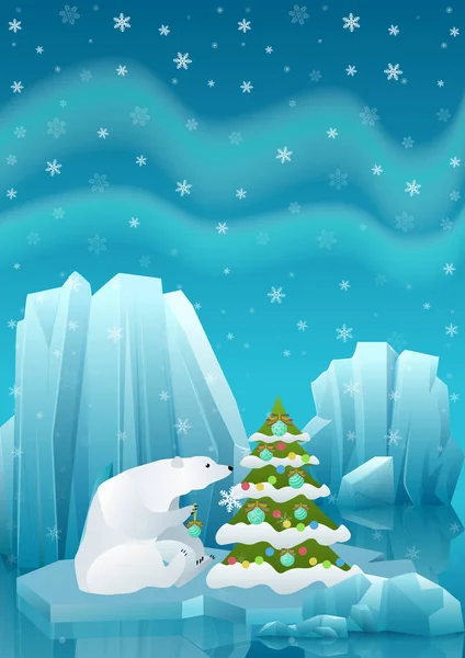 Ilustración vectorial del lindo oso polar sentado en el hielo y decorando el árbol de Navidad con pelota. Paisaje de hielo ártico de invierno con iceberg . — Archivo Imágenes Vectoriales