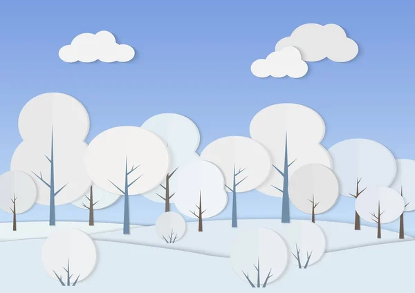 Vektoros illusztráció karton papír erdei fák és bokrok a hóban. Téli alacsony poly táj. — Stock Vector