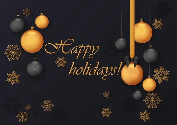 Mutlu tatil tebrik kartı altın ve siyah top dekorasyonu ile. Sigorta primi lüks altın dekorasyon arka plan için tatil tebrik kartı.