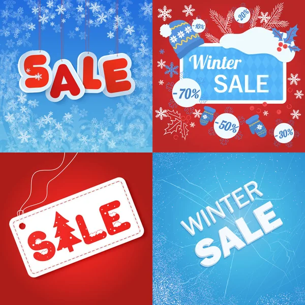 Mavi ve kırmızı renkli kış satış duyuruları buz ve kar ile vektör çizim.