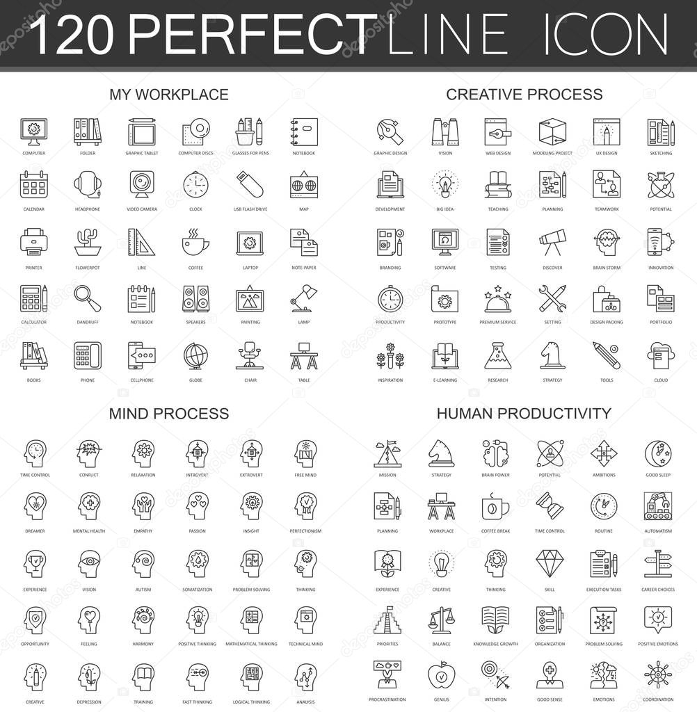 120 modern thin line icons set of my workplace, creative process, mind process, human productivity.