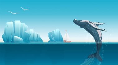 Card template with whale jumping under the blue ocean surface near icebergs. Winter arctic vector illustration. Iceland. clipart
