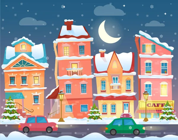 Vector Xmas kort med en inredda snöiga gamla stan på julafton i natt. — Stock vektor