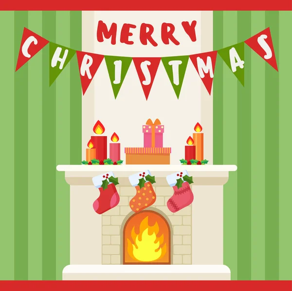 Vector εικονογράφηση καλά Χριστούγεννα διακόσμηση και κάλτσες στο τζάκι. Χριστουγεννιάτικη κάρτα. — Διανυσματικό Αρχείο