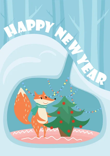 New Year vector card with cute fox and decorated fir tree in lair. — Stock Vector