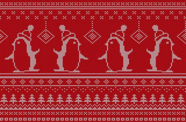 Illustrazione vettoriale di motivo a maglia di colore rosso e bianco con pinguini. Scheda modello di Natale . — Vettoriale Stock