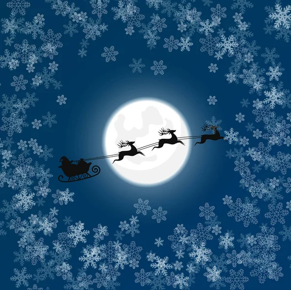 Vektorillustration av silhuetten av Santa i snö flyga släde över månen. Julkort. — Stock vektor