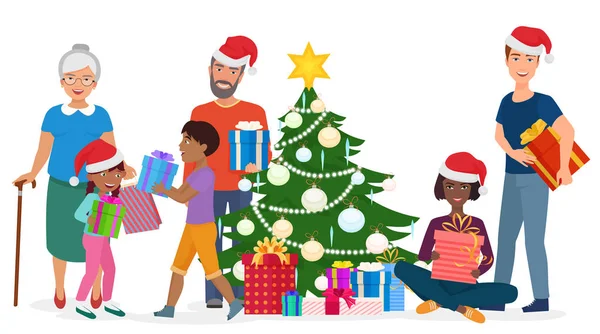 Illustration vectorielle de la famille multiraciale debout et assis avec des boîtes-cadeaux à l'arbre de Noël . — Image vectorielle