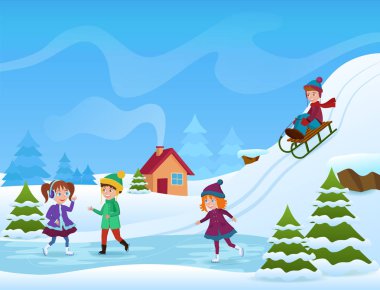 Neşeli çocuklar buz pateni ve kışın sledging vektör Illustration. Kış holifays kartı.