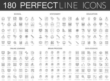 180 çağdaş ince çizgi Icons set okul, kırtasiye, eğitim, online eğitim, beyin işlemi, veri bilim.