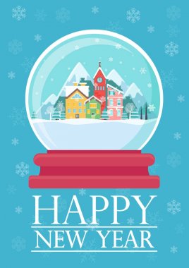Karlı kasaba ve Happy New Year kelimeler cam top vektör Illustration. Noel tebrik kartı.