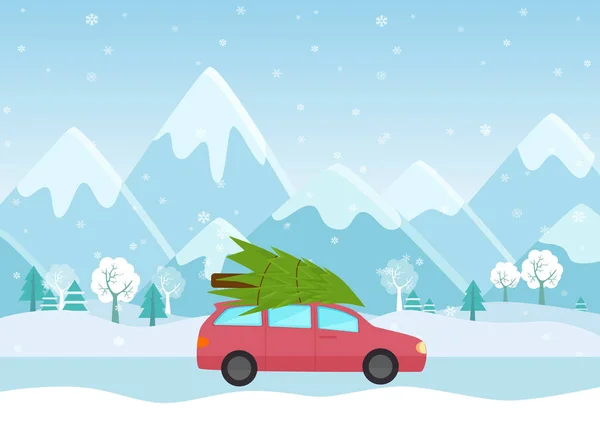 Vektor-Illustration des Autos mit einem Weihnachtsbaum auf dem Dach auf dem Hintergrund der Berge. — Stockvektor