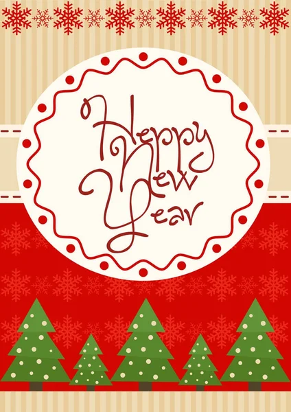 Ilustración vectorial de la tarjeta de felicitación de Año Nuevo brillante con adorno de abetos coloridos . — Archivo Imágenes Vectoriales