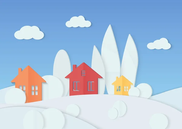 Ilustración vectorial de casas simples y coloridas colocadas en árboles mínimos cubiertos de nieve. Invierno Navidad pueblo de cartón paisaje de papel. Casa, montañas y bosque . — Archivo Imágenes Vectoriales