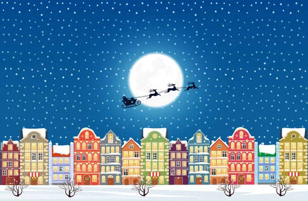 Noel Baba Noel arifesi bir şekilde dekore edilmiş karlı eski şehir şehir uçar. — Stok Vektör