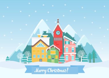 Vektör düz Kış Noel cityscape Dağları yakın. Kentsel şehir manzara yağan kar ve şehir şirin evleriyle. Neşeli Noel kartı.