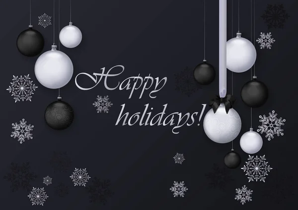 Wesołych Świąt z życzeniami z ozdoba kulki srebrne i czarne. Premium luxury chrome dekoracja tła dla kartki świątecznej. — Wektor stockowy