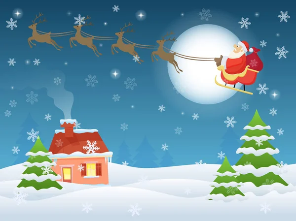 Illustration vectorielle du Père Noël survolant la maison et les arbres la nuit. Carte de vœux paysage veille de Noël . — Image vectorielle