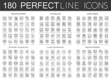 180 anahat mini kavramı Infographic sembol simgeler web geliştirme, 3d modelleme, video oyunları, ağ teknolojisi, bulut teknoloji, yaratıcı süreç.