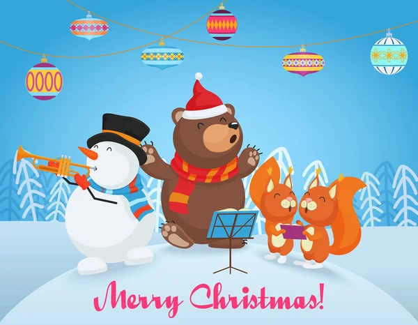 Vector Happy Christmas card with cute bear, snowman and two little fox friends sing songs together. Merry Christmas. — Stock Vector