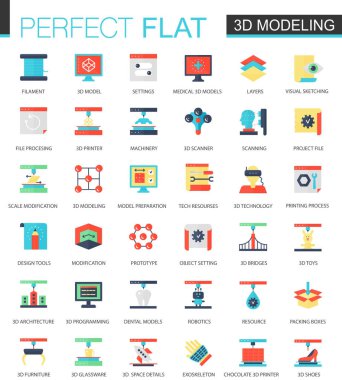 Düz 3d baskı ve modelleme simgeler vektör set.