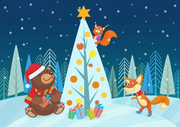 Ormanda Noel ağacı, hediyeler ile sevimli ayı ve fox hayvanlar vektör çizim. — Stok Vektör