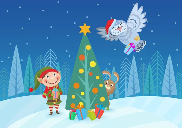 Illustration vectorielle d'adorables elfes et animaux au sapin de Noël en forêt. Carte de voeux . — Image vectorielle