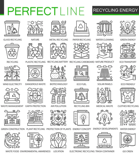 Újrahasznosítási energia szerkezeti mini fogalom szimbólum. Megújuló energia, zöld technológiák modern stroke lineáris stílusú illusztrációk beállítása. Tökéletes vékony vonal ikonok. — Stock Vector