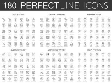 180 çağdaş ince çizgi Icons set eğitim, online eğitim, zihin süreci, İş Projesi, ekonomi market, beyin sürecinin.