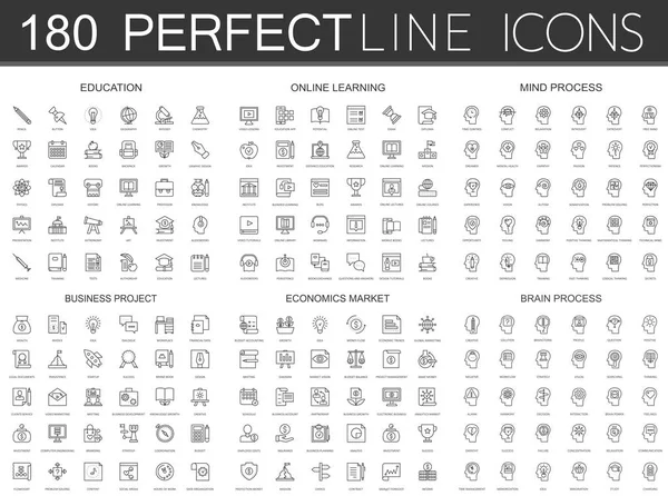 180 moderno conjunto de iconos de línea delgada de la educación, aprendizaje en línea, proceso de la mente, proyecto de negocio, mercado de la economía, proceso cerebral . — Vector de stock