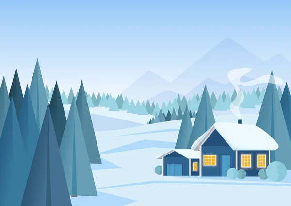 ベクター美しいクリスマス冬雪の風景背景に山脈、低ポリのモミの木. — ストックベクタ