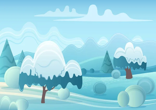 Ilustração vetorial da paisagem do jogo de desenhos animados com árvores nevadas na floresta de inverno . —  Vetores de Stock