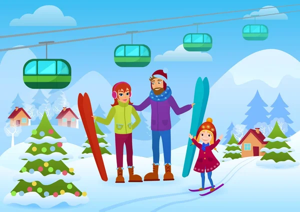 Vektör çizim mutlu patent ve kızı ile dağlarda Kayak Kış. Kış aile Kayak tatil. — Stok Vektör