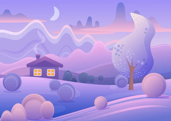 Vector illustration of cute cartoon landscape with small house in purple winter forest. — Stock Vector