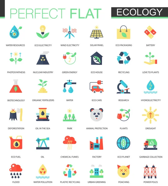 Set vettoriale di icone di tecnologia verde piatta ed ecologia — Vettoriale Stock