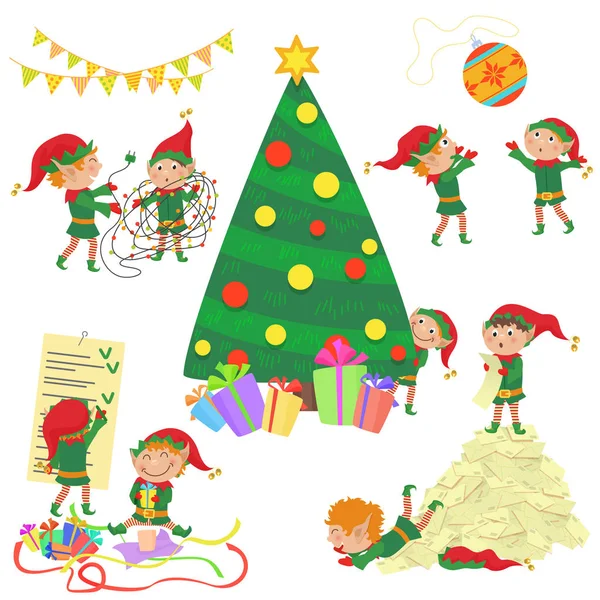 Illustration vectorielle de petits elfes mignons décorant le sapin de Noël . — Image vectorielle