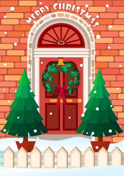 Vector εικονογράφηση της πόρτας με στεφάνι. Καλά Χριστούγεννα ευχετήριας κάρτας — Διανυσματικό Αρχείο