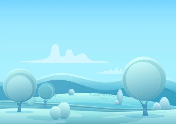 Vektor Cartoon Schnee Winter Spiel Stil Landschaft mit Bäumen und Schnee Berge Hügel. — Stockvektor