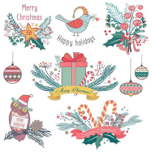 Ilustração vetorial de diferentes presentes, presentes, animais e emblemas de decorações de inverno para o Natal . — Vetor de Stock