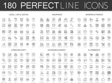 180 çağdaş ince çizgi Icons set hukuk, hukuk ve adalet, sigorta, Bankacılık Finans, siber güvenlik, ekonomi market, e ticaret.