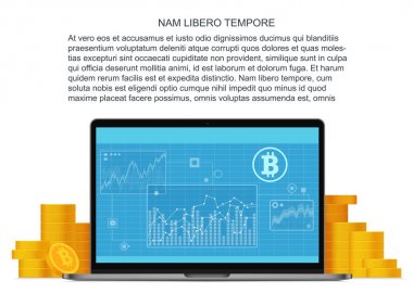 Dizüstü bilgisayar ve altın sikke vektör Bitcoin düz kavramı. Online fon. Bitcoin yatırımlar ve blockchain teknolojisi.