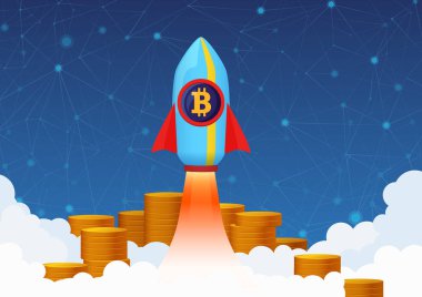 Vektör konsept illüstrasyon Bitcoin büyüme roket ve para ile. Cryptocurrency pompa.