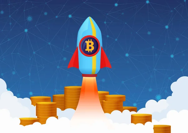 로켓과 동전 벡터 개념 그림 Bitcoin 성장. Cryptocurrency 펌프. — 스톡 벡터
