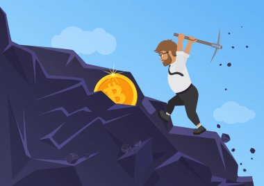 Bitcoin incelemesi kavramı. İş adamı sikke Rock kazma.