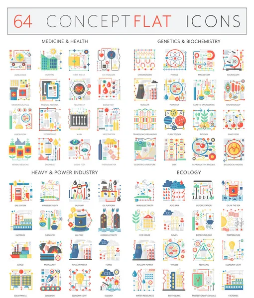 Infographics concept icons of medicine health, genetics biochemie, heavy power industry and ecology. hochwertiges Vektor-Flachbild-Design für Webgrafiken. — Stockvektor