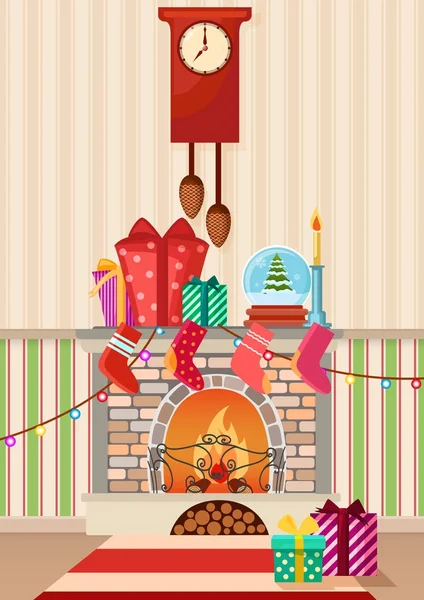 Illustration vectorielle de différents cadeaux et cheminée à la maison. Temps de Noël . — Image vectorielle