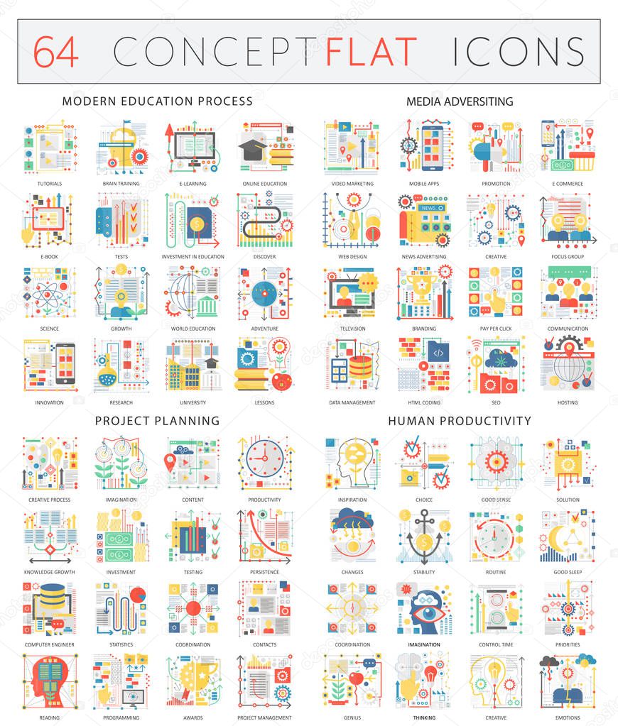 Infographics concept icons of modern education, media adversiting, project planning, human productivity. Premium quality vector flat design for web graphics.