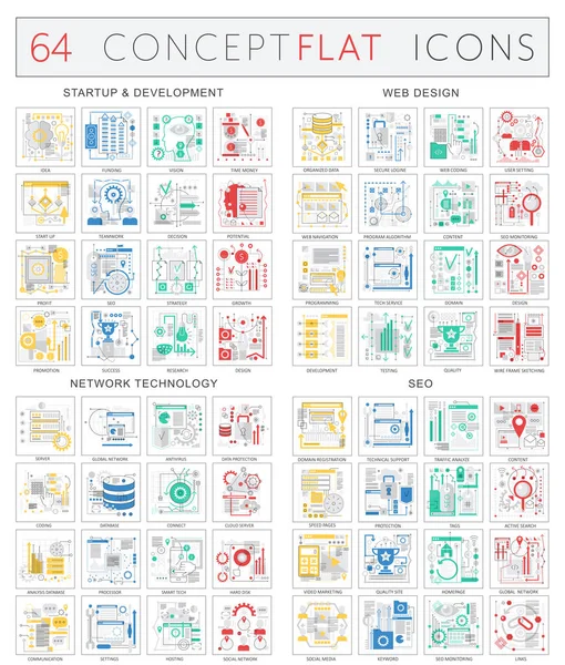 Ícones de conceito infográficos de desenvolvimento de inicialização, web design, tecnologia de rede, ícones de otimização seo. Vetor de qualidade premium mono design de cor plana . —  Vetores de Stock